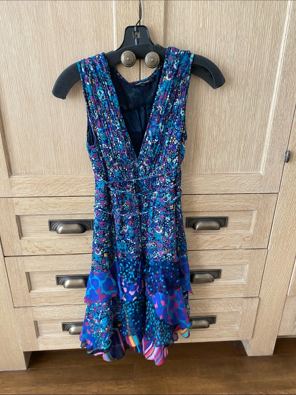 Nanette Lepore Blue & Purple Floral V-Neck Tiered Mini Dress